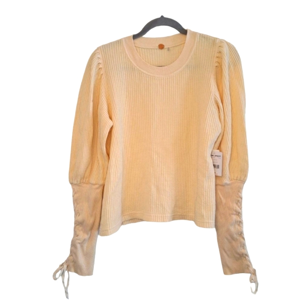 Free People Cream Long Sleeve Waffle Knit Top with Ruched Cuffs
